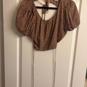 Brown Polka Dot Puff Sleeve Top